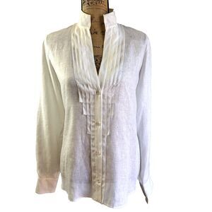 Agnona Women's White Linen Pleated Front High Collar Button Up Shirt Blouse Sz 8
